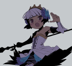 Rule 34 | 1girl, bad id, bad pixiv id, blunt bangs, center frills, child, crown, dress, flat chest, frills, gold trim, gwendolyn (odin sphere), kanzaki hiro, muted color, odin sphere, polearm, purple eyes, purple hair, short hair, solo, spear, strapless, strapless dress, weapon