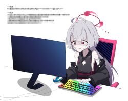 Rule 34 | 1girl, ahoge, at computer, bandaged arm, bandages, bare shoulders, blue archive, censored, censored text, chair, cleavage cutout, clothing cutout, gauze, gauze on cheek, grey hair, halo, haori, highres, japanese clothes, keyboard (computer), kiroshi, long hair, long sleeves, monitor, obi, parted lips, red eyes, sash, shaded face, shuro (blue archive), sitting, solo, white background, wide sleeves
