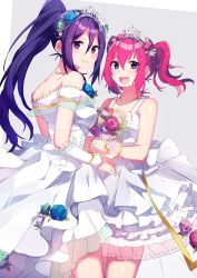 Rule 34 | 2girls, absurdres, aqua eyes, armband, bare arms, bare shoulders, blush, bouquet, breasts, crown, detached sleeves, dress, flower, frilled dress, frills, hair flower, hair ornament, high ponytail, highres, jewelry, kurosawa ruby, long hair, looking at viewer, love live!, love live! school idol festival, love live! sunshine!!, matching hair/eyes, matsuura kanan, medium breasts, multicolored background, multiple girls, necklace, open mouth, ponytail, purple eyes, purple hair, red hair, shirasu uni, small breasts, smile, standing, tiara, two side up, wedding, wedding dress, wife and wife, yuri