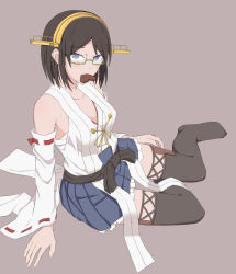 Rule 34 | 10s, 1girl, arm support, bare shoulders, blue eyes, boots, breasts, brown hair, candy, chocolate, chocolate heart, detached sleeves, food, glasses, headgear, heart, intirami, kantai collection, kirishima (kancolle), looking at viewer, medium breasts, mouth hold, no legwear, nontraditional miko, sarashi, semi-rimless eyewear, short hair, sitting, skirt, solo, tan background, thigh boots, thighhighs, thighs, under-rim eyewear, valentine, wide sleeves, yokozuwari
