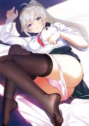 Rule 34 | 1girl, ass, black skirt, black thighhighs, breasts, cameltoe, chinese commentary, commentary request, feet, grey hair, hair ornament, hairpin, highres, legs, long bangs, long hair, looking at viewer, lying, medium breasts, neckerchief, no shoes, on side, original, panties, panty pull, pink panties, ponytail, purple eyes, red neckerchief, school uniform, serafuku, shirt, skirt, soles, solo, thighhighs, underwear, white shirt, youlancangkong