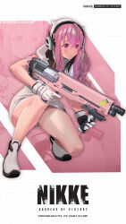 Rule 34 | 1girl, artist request, bare shoulders, bullpup, commentary request, copyright name, full body, gloves, goddess of victory: nikke, grid background, gun, hair between eyes, headphones, highres, official art, pepper (nikke), pink eyes, pink hair, ribbed sweater, short hair with long locks, sidelocks, solo, sticker, sweater, trigger discipline, two-tone footwear, weapon, zoom layer