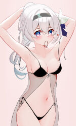 Rule 34 | 1girl, absurdres, alternate hairstyle, armpits, arms up, bare arms, bare shoulders, black hairband, black panties, blush, collarbone, commentary, cowboy shot, firefly (honkai: star rail), hairband, heart, highres, honkai: star rail, honkai (series), knosdeba, long hair, looking at viewer, mouth hold, navel, panties, ponytail, purple eyes, side-tie panties, solo, standing, stomach, underwear, underwear only, white hair