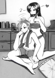 Rule 34 | 2girls, bad id, bad pixiv id, bra, breasts, caitlyn (league of legends), cleavage, comb, greyscale, kneeling, league of legends, long hair, md5 mismatch, monochrome, multiple girls, oldlim, panties, short hair, sitting, strapless, strapless bra, tattoo, topless, towel, towel around neck, underwear, vi (league of legends), yuri