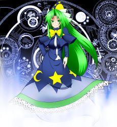 Rule 34 | 1girl, bow, bowtie, capelet, crescent, female focus, ghost, ghost tail, green eyes, green hair, hat, highres, long hair, magic circle, matching hair/eyes, mima (touhou), runes, smile, solo, star (symbol), sun symbol, touhou, touhou (pc-98), wizard hat