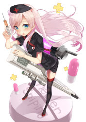 Rule 34 | 1girl, blue eyes, cross, digital thermometer, drugs, foreshortening, garter straps, gun, haru to neru (act partner), hat, highres, long hair, looking at viewer, nurse, nurse cap, open mouth, original, pill, pink hair, red cross, rifle, sniper rifle, solo, syringe, thermometer, thighhighs, two side up, weapon