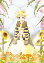 Rule 34 | bee costume, blonde hair, blue eyes, blush, crown, finger in mouth, flower, highres, honey, kagamine len, sitting, striped legwear, tail, thighhighs, vocaloid, wings