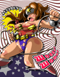 Rule 34 | 1girl, blue eyes, blush, boots, breasts, brown hair, dc comics, female focus, marimo (ankokumarimo), nipples, open mouth, pussy, solo, torn clothes, wonder woman