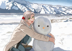 1girl absurdres alternate_hairstyle antenna_hair blue_pantyhose blue_sky breasts day hair_ornament hair_over_shoulder hair_scrunchie highres hug jacket kantai_collection kinugasa_(kancolle) looking_at_viewer medium_breasts mountain ojipon outdoors pantyhose red_scrunchie scrunchie sky smile snow snowman solo white_jacket