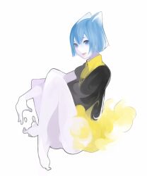 Rule 34 | 1girl, animal ears, bad id, bad pixiv id, black shirt, blue eyes, blue hair, character request, copyright request, full body, looking at viewer, sentakki, shirt, simple background, sitting, smoke, solo, white background
