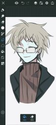 Rule 34 | 1boy, art program in frame, atou haruki, black jacket, blonde hair, brown sweater, chinese commentary, closed eyes, closed mouth, commentary request, glasses, highres, jacket, male focus, open clothes, open jacket, procreate (medium), procreate (software), qiaoniqiaosida90629, rectangular eyewear, ribbed sweater, saibou shinkyoku, semi-rimless eyewear, short hair, smile, solo, sweater, turtleneck, turtleneck sweater
