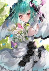 Rule 34 | 1girl, blue butterfly, blue hair, blush, bug, butterfly, butterfly hair ornament, dress, earrings, flower, gloves, green hair, hair ornament, highres, hololive, insect, jewelry, looking at viewer, multicolored hair, parted lips, purple butterfly, red eyes, rose, solo, soraneko hino, streaked hair, uruha rushia, virtual youtuber, white dress, white flower, white gloves, white rose