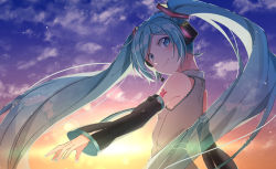 Rule 34 | 1girl, agonasubi, aqua eyes, aqua hair, aqua nails, aqua necktie, backlighting, bare shoulders, black sleeves, commentary, detached sleeves, floating hair, from behind, grey shirt, hair ornament, hatsune miku, headphones, headset, light particles, long hair, looking at viewer, looking back, nail polish, necktie, outdoors, see-through, set, shirt, shoulder tattoo, sky, sleeveless, sleeveless shirt, smile, solo, sunset, tattoo, twintails, upper body, very long hair, vocaloid