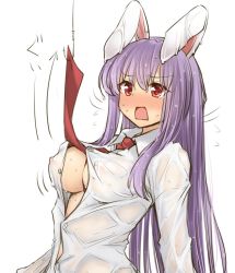 Rule 34 | 1girl, animal ears, blouse, blush, breasts, buttons, cleavage, collared shirt, commentary, embarrassed, fishing hook, fishing line, large breasts, long hair, long sleeves, md5 mismatch, necktie, nipples, open mouth, purple hair, rabbit ears, raised eyebrows, red eyes, red necktie, reisen udongein inaba, see-through, shirt, solo, sweat, tori (minamopa), touhou, very long hair, wavy mouth, wet, white shirt
