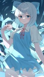 Rule 34 | 1girl, absurdres, ahoge, anima miko, blue bow, blue dress, blue eyes, blue hair, bow, cirno, collared shirt, cowboy shot, dress, fairy, hair between eyes, hair bow, highres, holding, ice, ice wings, looking at viewer, neck ribbon, open mouth, puffy short sleeves, puffy sleeves, red ribbon, ribbon, shirt, short hair, short sleeves, smile, solo, touhou, white shirt, wings