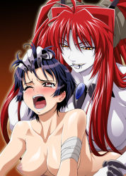 Rule 34 | 2girls, bandages, blue skin, blush, breasts, colored skin, demon girl, female focus, femdom, grabbing another&#039;s hair, hair in own mouth, horns, isse, large breasts, long hair, multiple girls, nipples, oni, original, pale skin, red hair, screaming, tears, topless, yuri