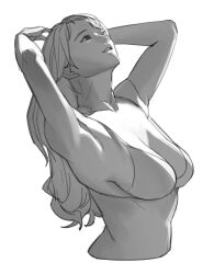 Rule 34 | 1girl, armpits, arms behind head, bikini, breasts, cleavage, highres, large breasts, long hair, monochrome, original, parted lips, smile, solo, swimsuit, y frt