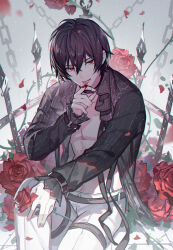 Rule 34 | 1boy, :p, absurdres, ayn alwyn, belt, black belt, black hair, black nails, black ribbon, black shirt, blood, blood on hands, chain, crack, cracked floor, falling petals, fangs, feet out of frame, fence, flower, lovebrush chronicles, frilled shirt, frilled sleeves, frills, grey background, hair between eyes, highres, holding, holding flower, kazenemuri, knee up, leaf, licking, licking finger, light particles, long sleeves, looking at viewer, male focus, nail polish, official alternate costume, on floor, open clothes, open shirt, pants, pectoral cleavage, pectorals, petals, pinstripe pattern, pinstripe shirt, red eyes, red flower, red rose, ribbon, rose, shirt, short hair, sitting, solo, striped, thigh strap, tile floor, tiles, tongue, tongue out, vampire, white pants, wrist belt