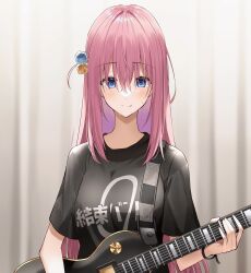 Rule 34 | 1girl, blue eyes, blurry, blurry background, blush, bocchi the rock!, breasts, closed mouth, clothes writing, cube hair ornament, curtains, eyelashes, gotoh hitori, guitar, hair between eyes, hair ornament, highres, holding, holding instrument, instrument, kanaria hisagi, long hair, looking at viewer, medium breasts, one side up, pink hair, shirt, short sleeves, smile, solo, straight hair, sweat, very long hair, watch, white shirt, wristwatch