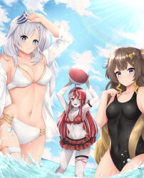 Rule 34 | 3girls, absurdres, ahoge, anya melfissa, aqua eyes, arm on own head, arm up, arms up, ball, bare shoulders, beachball, bikini, bikini pull, bikini skirt, blonde hair, blush, breasts, brown hair, cleavage, closed mouth, clothes pull, cloud, competition swimsuit, covered navel, hair ornament, heterochromia, highres, hololive, hololive indonesia, kureiji ollie, large breasts, light rays, long hair, looking at viewer, medium breasts, multicolored eyes, multicolored hair, multiple girls, navel, ocean, one-piece swimsuit, open mouth, outdoors, parted lips, pavolia reine, popcornflakes, purple eyes, red hair, sky, smile, standing, stitches, sun, swimsuit, symbol-shaped pupils, virtual youtuber, wading, water, water drop, white bikini, white hair, yellow eyes, zombie, zombie girl