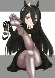 Rule 34 | 1girl, absurdres, ahoge, animal ears, black hair, black jacket, black pantyhose, black shirt, closed mouth, collared shirt, commentary request, earrings, feet, foot focus, foot out of frame, grey background, hair between eyes, highres, holding shoe, horse ears, horse girl, jacket, jewelry, kagura0, leg up, long hair, looking at viewer, manhattan cafe (umamusume), multicolored hair, necktie, open clothes, open jacket, pantyhose, shirt, shoes, simple background, single earring, soles, solo, streaked hair, toes, two-tone background, umamusume, uwabaki, white background, white hair, yellow eyes, yellow necktie