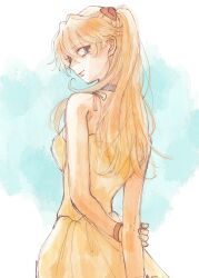 Rule 34 | 1girl, blue eyes, choker, commentary, dress, expressionless, from behind, hand on own arm, highres, long hair, looking at viewer, looking back, matsuko (mrimri3), neon genesis evangelion, orange hair, sketch, solo, souryuu asuka langley, upper body
