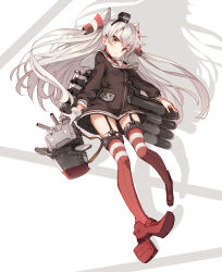 Rule 34 | 10s, 1girl, :t, amatsukaze (kancolle), brown eyes, dress, full body, garter straps, gloves, hair ornament, hat, high heels, highres, kantai collection, long hair, looking at viewer, mecha musume, mini hat, personification, pout, red thighhighs, rensouhou-kun, sailor dress, shirabi, silver hair, simple background, solo, thighhighs, torpedo, two side up, very long hair, white background, white gloves