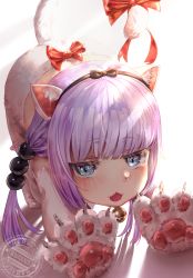 Rule 34 | 1girl, animal ears, animal hands, blue eyes, blush, cat ears, cat tail, cosplay, fake animal ears, fake tail, gloves, hair bobbles, hair ornament, hairband, hani haya, highres, kanna kamui, kobayashi-san chi no maidragon, long hair, looking at viewer, open mouth, paw gloves, purple hair, ribbon, simple background, solo, tail, thighhighs, twintails, white background, white thighhighs