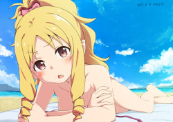 Rule 34 | &gt;:o, 10s, 1girl, 2017, :o, arm support, barefoot, beach, beach towel, blonde hair, blue sky, blush, bow, breasts, brown eyes, chestnut mouth, cloud, collarbone, dated, day, drill hair, eromanga sensei, feet, female focus, foreshortening, green eyes, hair bow, head tilt, long hair, looking at viewer, lying, mokyutan, nude, ocean, on stomach, open mouth, outdoors, parted bangs, pink bow, pointy ears, ponytail, sky, small breasts, solo, tareme, towel, twin drills, v-shaped eyebrows, water, yamada elf