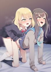 Rule 34 | 2boys, all fours, anal, bar censor, black hair, black skirt, blonde hair, blonde haired crossdresser (hokuro ryuuseigun), blue neckerchief, blue sailor collar, blush, bow, bowtie, bright pupils, brown eyes, brown hair, brown haired crossdresser (hokuro ryuuseigun), censored, clothed sex, clothes lift, collared shirt, crossdressing, doggystyle, erection, foreskin, green eyes, highres, hokuro ryuuseigun, josou seme, kneehighs, long hair, male focus, male penetrated, multiple boys, neckerchief, open mouth, original, penis, phimosis, pleated skirt, red bow, red bowtie, sailor collar, school uniform, sex, sex from behind, shirt, skirt, skirt lift, sleeves past wrists, socks, sweat, tongue, tongue out, trap, trap on trap, white hair, white pupils, white shirt, yaoi