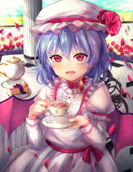 Rule 34 | 1girl, absurdres, arms up, bat wings, blouse, blue hair, blush, cake, cake slice, chair, choker, column, commentary request, cup, fang, fingernails, flower, food, hair between eyes, hat, hat ribbon, highres, holding, holding cup, holding saucer, juliet sleeves, layered sleeves, light blush, long sleeves, looking at viewer, mob cap, open mouth, petals, pillar, pink shirt, pink skirt, puffy sleeves, red choker, red eyes, red flower, red rose, remilia scarlet, ribbon, rose, sash, saucer, shirt, short hair, sitting, skirt, smile, solo, table, teacup, teapot, tile floor, tiles, torottye, touhou, upper body, wings