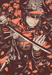 Rule 34 | 1girl, black hair, blood, blood on face, blood splatter, coat, commentary request, dated, fate (series), gloves, hat, highres, holding, holding sword, holding weapon, jacket, katana, koha-ace, long hair, long sleeves, looking at viewer, monochrome, oda nobunaga (fate), oda nobunaga (koha-ace), parted lips, peaked cap, red eyes, red scarf, red theme, rioka (southern blue sky), scarf, smile, solo, standing, sword, twitter username, upper body, weapon