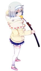 Rule 34 | 1girl, blue eyes, blue skirt, capelet, eyebrows, hair ornament, holding, holding sword, holding weapon, katana, looking at viewer, mouth hold, one side up, original, pleated skirt, sheath, short hair, silver hair, simple background, skirt, solo, sword, thighhighs, unsheathing, weapon, white background, white thighhighs, windfeathers, zettai ryouiki
