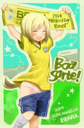 Rule 34 | 10s, 1girl, 2014, 2014 fifa world cup, :d, adidas, alternate costume, arms up, blush, bob cut, brazil, brown hair, clothes pull, cloud, dog tail, english text, erica hartmann, closed eyes, gradient hair, holding, multicolored hair, open mouth, outline, panties, shirt, short hair, short sleeves, shorts, shorts pull, smile, soccer, soccer uniform, solo, sportswear, star (symbol), strike witches, tail, underwear, white panties, world cup, world witches series, yukko
