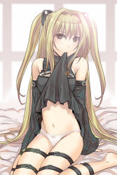 Rule 34 | 00s, 1girl, 3u, bad id, bad pixiv id, barefoot, bed, belt, blonde hair, bow, bow panties, clothes in mouth, clothes lift, detached sleeves, konjiki no yami, long hair, mouth hold, navel, panties, sitting, skirt, skirt in mouth, skirt lift, solo, thigh strap, to love-ru, twintails, two side up, underwear, upskirt, white panties