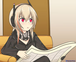 Rule 34 | 1girl, black jacket, blonde hair, commentary, derivative work, english commentary, facebook username, girls&#039; frontline, hair between eyes, headgear, holding, holding paper, iam (nt replicate), indoors, jacket, long hair, long sleeves, m4 sopmod ii (girls&#039; frontline), meme, multicolored hair, open mouth, pantyhose, paper, parody, red eyes, red hair, sidelocks, sitting, sitting on object, solo, streaked hair, tom and jerry, tom reading the newspaper (meme), upper body