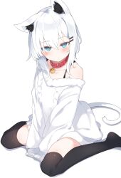Rule 34 | 1girl, animal ears, bell, between legs, black thighhighs, blue eyes, cat ears, cat girl, cat tail, collar, dress, expressionless, hand between legs, highres, long sleeves, looking at viewer, neck bell, no pants, off shoulder, original, otokuyou, oversized clothes, ringo-chan (otokuyou), simple background, sitting, sleeves past fingers, sleeves past wrists, sweater, sweater dress, tail, thighhighs, wariza, white background, white hair, white sweater