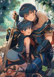 Rule 34 | 2boys, aged down, all fours, anniversary, armor, bii (chigonez), bike shorts, black shorts, blue cape, blue eyes, blue hair, cape, child, commentary, dual persona, english commentary, fire emblem, fire emblem heroes, highres, male focus, marth (fire emblem), matching hair/eyes, multiple boys, nintendo, shorts, sidelocks, smile, sword, tiara, time paradox, tunic, weapon