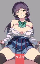 Rule 34 | 1boy, 1girl, bare shoulders, black thighhighs, blue skirt, bow, bowtie, breasts, censored, cleavage, clenched teeth, cowgirl position, duke (inu daimyou), girl on top, green bow, green bowtie, hair ornament, hair scrunchie, holding hands, large breasts, long hair, looking at viewer, love live!, love live! school idol project, low twintails, medium breasts, pink scrunchie, plaid, plaid skirt, purple eyes, purple hair, scrunchie, shirt, skirt, smile, straddling, striped bow, striped bowtie, striped clothes, teeth, thighhighs, tojo nozomi, twintails, white shirt