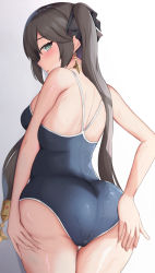 Rule 34 | 1girl, :o, ass, back, bare shoulders, black ribbon, blush, breasts, brown hair, competition school swimsuit, cowboy shot, earrings, from behind, genshin impact, gradient background, green eyes, hair ribbon, highres, houraku, jewelry, large breasts, long hair, looking at viewer, looking back, mona (genshin impact), one-piece swimsuit, open mouth, ribbon, school swimsuit, shiny skin, sidelocks, simple background, solo, standing, star (symbol), star earrings, swimsuit, thighs, twintails, wet, wet clothes