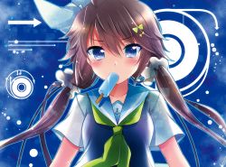 Rule 34 | 1girl, arrow (symbol), blue eyes, blush, bow, brown hair, closed mouth, collarbone, food, green bow, green neckerchief, hair between eyes, hair bow, ichiyou moka, long hair, looking at viewer, low twintails, mouth hold, neckerchief, original, popsicle, school uniform, serafuku, short sleeves, solo, swept bangs, twintails, upper body, yellow bow