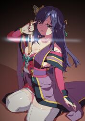 Rule 34 | 1girl, blush, breasts, butterfly hair ornament, cleavage, dagger, detached sleeves, eyelashes, hahawaho, hair ornament, japanese clothes, kimono, kneeling, knife, lips, lipstick, long bangs, long hair, makeup, medium breasts, mole, mole under mouth, nouhime, nouhime (sengoku musou), obi, pinky out, purple eyes, purple hair, sash, sengoku musou, sheath, shiny skin, sideboob, solo, swept bangs, thighhighs, thighs, weapon, white thighhighs