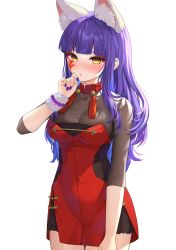 Rule 34 | 1girl, absurdres, animal ear fluff, animal ears, bead bracelet, beads, blush, bracelet, breasts, closed mouth, cowboy shot, daji (monster strike), dress, facial mark, hand up, highres, jewelry, kohanayuki, large breasts, long hair, looking at viewer, monster strike, nail polish, purple hair, purple nails, see-through, short dress, simple background, solo, standing, tassel, white background, yellow eyes