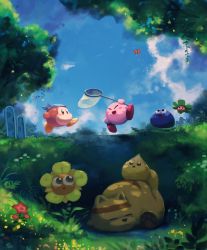 Rule 34 | bandana waddle dee, blue sky, blush stickers, bug, butterfly, butterfly net, cerulean (kirby), chip (kirby), flower, gooey (kirby), grizzo, hand net, highres, insect, kirby, kirby (series), leafan, looking up, lovely (kirby), nintendo, running, shade, sky, smile, suyasuyabi, tree
