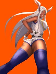 Rule 34 | 1girl, absurdres, animal ears, ass, boku no hero academia, breasts, clothing cutout, crescent print, dark-skinned female, dark skin, fur collar, gloves, hand on own hip, highres, large breasts, leotard, long eyelashes, long hair, looking at viewer, looking back, mirko, parted bangs, rabbit ears, rabbit girl, rabbit tail, red eyes, rocklow, simple background, smile, solo, superhero costume, tail, tail through clothes, taut leotard, thighhighs, thighs, toned, white gloves, white hair, white leotard