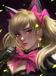 Rule 34 | 1girl, animal ears, black cat d.va, black dress, black gloves, blonde hair, bow, bowtie, breasts, brown eyes, cat ears, cleavage, clenched hand, commentary, confetti, d.va (overwatch), dress, earrings, eyeliner, eyeshadow, frilled dress, frills, glint, gloves, gradient background, hair bow, heart, heart earrings, highres, jewelry, lips, lipstick, lolita fashion, looking at viewer, makeup, medium breasts, medium hair, nose, official alternate costume, overwatch, overwatch 1, parted lips, pink bow, pink lips, portrait, puffy short sleeves, puffy sleeves, purple background, short sleeves, soffa, solo, twintails