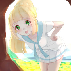 Rule 34 | 1girl, absurdres, bent over, blonde hair, blue sky, blush, braid, breasts, cloud, collarbone, cowboy shot, creatures (company), day, french braid, game freak, green eyes, hand on own hip, happy, highres, ko to tsuki, legs together, lillie (pokemon), looking at viewer, medium breasts, miniskirt, nintendo, open mouth, outdoors, pleated skirt, pokemon, pokemon sm, ponytail, shirt, short sleeves, skirt, sky, small breasts, smile, white shirt, white skirt