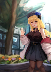 Rule 34 | 1girl, bad id, bad twitter id, bare shoulders, belt, black shirt, blonde hair, blue hat, blue skirt, blurry, blurry background, blush, breasts, hand up, hat, highres, hose, izumi roka, jacket, large breasts, long hair, looking at viewer, nail art, open clothes, open jacket, original, oversized clothes, pantyhose, shirt, skirt, solo, thighhighs, waving, yellow eyes