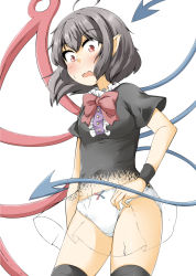 Rule 34 | 1girl, ahoge, asymmetrical wings, black dress, black hair, black thighhighs, blush, bow, bow panties, bowtie, breasts, constricted pupils, cowboy shot, dress, embarrassed, female focus, houjuu nue, looking down, mepikari, navel, open mouth, panties, pointy ears, red bow, red bowtie, red eyes, shiny skin, short hair, short sleeves, simple background, small breasts, solo, standing, surprised, sweat, thighhighs, touhou, transparent, underwear, white background, white panties, wings, wristband