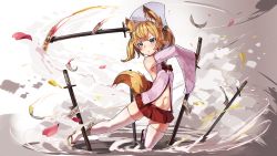 Rule 34 | 1girl, animal ear fluff, animal ears, blonde hair, blue eyes, blush, bow, breasts, commentary request, detached sleeves, female focus, fox ears, fox tail, full body, geta, hair ornament, holding, holding weapon, katana, kemomimi oukoku kokuei housou, long hair, looking at viewer, mikoko (kemomimi oukoku kokuei housou), miniskirt, natori youkai, navel, on one knee, red skirt, skirt, small breasts, solo, sword, tail, thighhighs, twintails, virtual youtuber, weapon, white thighhighs, wide sleeves